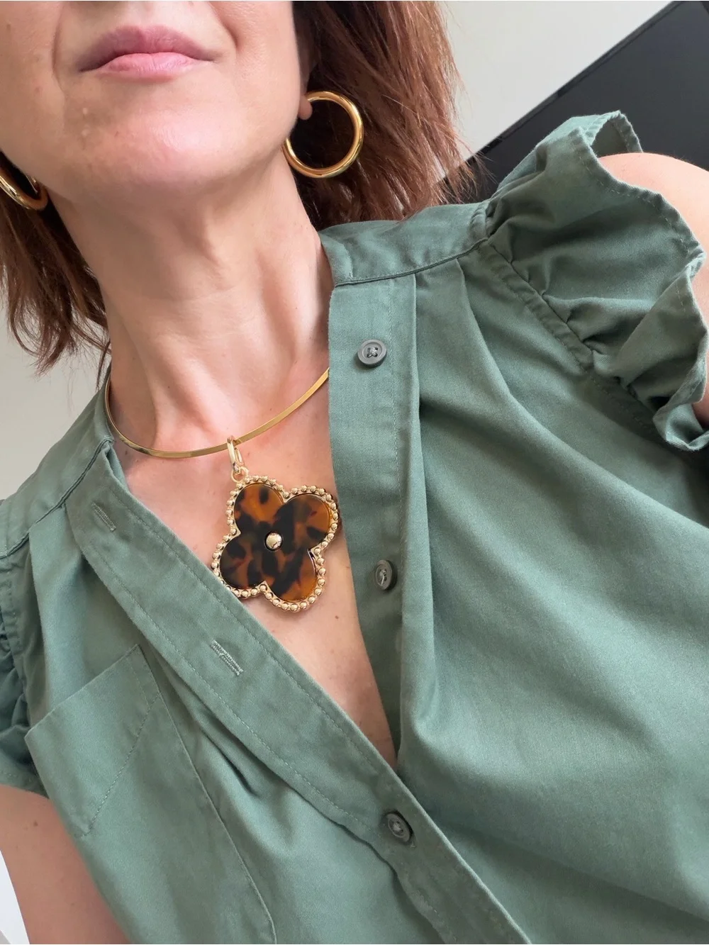 KMJ Ruffled Sleeve  Button-Front Top -  Green - Picture 4 of 14